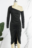 Zwarte casual effen trekkoord frenulum rugloze schuine kraag jurken met lange mouwen