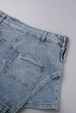 Pantaloncini di jeans skinny a vita media con tasca patchwork tinta unita casual da strada blu scuro