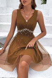 Kaffee Sexy Party formelle Patchwork Perlen V-Ausschnitt ärmelloses Kleid Kleider