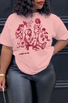 T-shirts à col rond en patchwork imprimé vintage rose décontracté