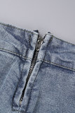 Short en jean skinny bleu profond, décontracté, couleur unie, poche patchwork, taille moyenne