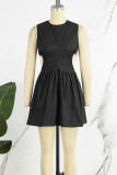 Zwarte sexy casual zoete eenvoud uitgesneden effen kleur U-hals mini-jurkjurken