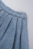 Cielo blu casual Street Solid Crea vecchie gonne di jeans a pieghe a vita media con cerniera patchwork