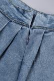 Himmelsblå Casual Street Solid Make Old Patchwork Dragkedja Plisserade jeanskjolar med mitten av midjan