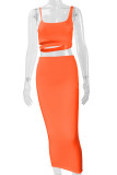 Fluorescent Orange Elegant Solid Hollowed Out Patchwork Spaghetti Strap Sleeveless Two Pieces