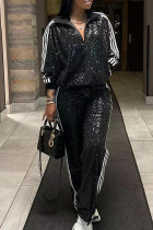 Black Casual Solid Sequins Patchwork Zipper Turndown Collar Long Sleeve Two Pieces Sequin Tracksuit Set Sweater Suit