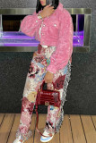 Pantaloni con stampa intera a vita media regolari patchwork con nappe stampa elegante rosa