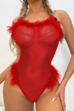 Rode sexy levende effen patchwork doorschijnende rugloze lingerie