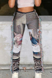 Pantaloni con stampa completa a vita media con stampa elegante a colori patchwork con nappe
