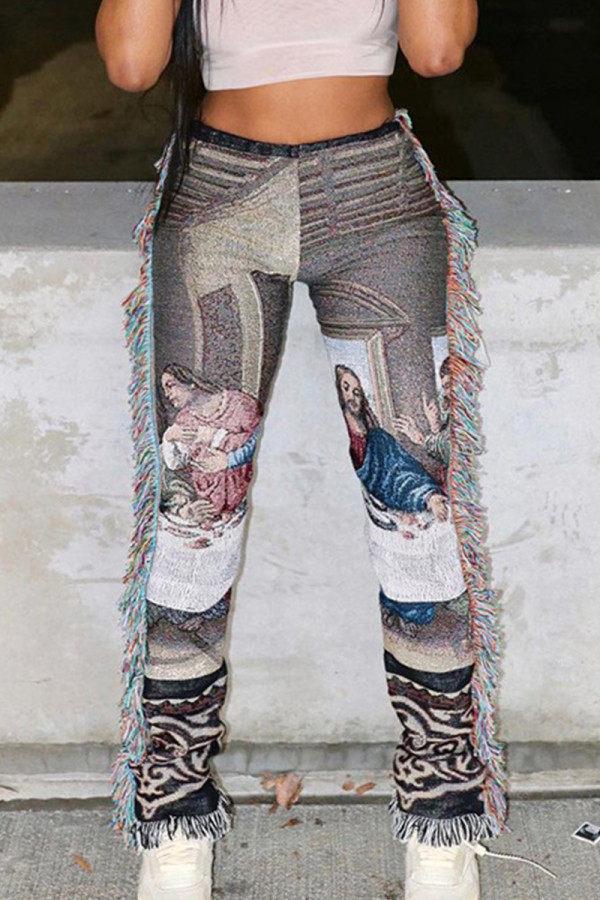 Pantaloni con stampa intera a vita media regolari patchwork con nappe con stampa elegante grigia