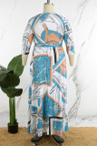 Robe longue décontractée imprimée Frenulum à col en V bleu clair, robes de grande taille