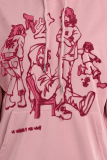 Roze casual schattige print trekkoord zak capuchon kraag tops