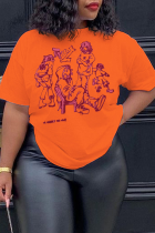 T-shirts décontractés orange à col rond et patchwork à imprimé vintage