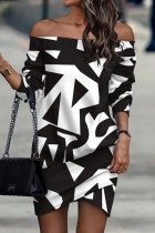 Zwarte casual print patchwork off-shoulder bedrukte jurk Grote maten jurken