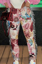 Rosa elegante estampa borla patchwork regular cintura média calça estampa completa