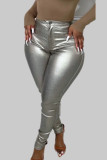 Silver White Elegant Solid Buttons Zipper Skinny Low Waist Solid Color Bottoms