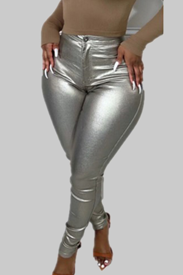 Silberweiße, elegante, einfarbige, einfarbige Hose mit Knöpfen und Reißverschluss