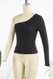 Black Casual Solid Backless Asymmetrical Oblique Collar Tops