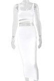 White Elegant Solid Hollowed Out Patchwork Spaghetti Strap Sleeveless Two Pieces