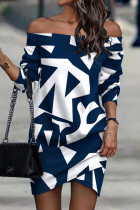 Blauwe casual print patchwork off-shoulder jurk met print Grote maten jurken