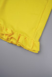 Gele casual effen patchwork O-hals mouwloze jurk Jurken