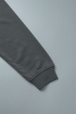 Dark Gray Daily Cute Print Draw String Pocket Hooded Collar Tops