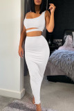 White Elegant Solid Hollowed Out Patchwork Spaghetti Strap Sleeveless Two Pieces