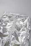 Серебряные повседневные однотонные узкие брюки со средней талией, однотонные однотонные брюки