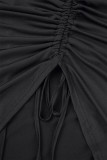 Zwarte casual effen trekkoord frenulum rugloze schuine kraag jurken met lange mouwen