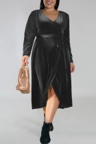 ブラック カジュアル ソリッド 小帯 V ネック長袖プラス サイズ ドレス