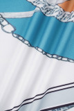 ライトブルー カジュアル プリント 小帯 V ネック ロング ドレス プラス サイズ ドレス