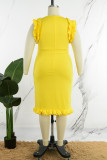 Желтые повседневные однотонные лоскутные платья без рукавов с круглым вырезом и воротником-стойкой