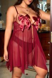Pink Sexy Living Solid Hollowed Out See-through Backless With Bow Spaghetti Strap Plus Size Sleepwear