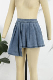 Faldas denim de cintura media plisadas con cremallera y retales antiguo liso informal azul cielo
