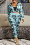 White Casual Plaid Print Patchwork Hooded Collar Plus Size Two Pieces