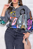 Grey Casual Print Patchwork O Neck Tops