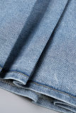 Céu azul casual rua sólida fazer velho retalhos zíper plissado saias jeans de cintura média