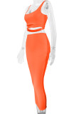 Fluorescent Orange Elegant Solid Hollowed Out Patchwork Spaghetti Strap Sleeveless Two Pieces Tank Crop Tops And Skirts Sets