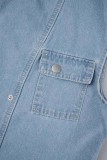 Azul claro casual sólido patchwork com cinto gola aberta sem mangas vestidos jeans regulares