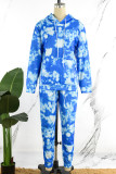 Blue Casual Print Basic Hooded Collar Long Sleeve Two Pieces