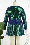 Multicolor Casual Patchwork Sequins V Neck Long Sleeve Plus Size Dresses