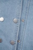Patchwork solido casual azzurro con cintura colletto rovesciato abiti in denim regolari senza maniche