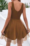Coffee Sexy Party Formal Patchwork Beading V Neck Sleeveless Dress Dresses
