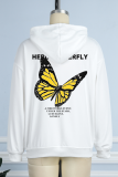 White Street Butterfly Print Draw String Pocket Hooded Collar Tops