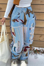 Pantalones con estampado elegante y patchwork con borlas, cintura media regular, estampado completo, color azul claro