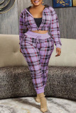 White Casual Plaid Print Patchwork Hooded Collar Plus Size Two Pieces