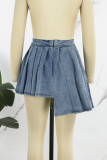 Sky Blue Casual Street Solid Make Old Patchwork Zipper Pleated Mid Waist Denim Skirts