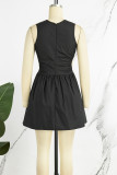 Schwarze, sexy, lässige, süße, schlichte, einfarbige Minikleid-Kleider mit U-Ausschnitt