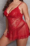 Brick Red Sexy Solid See-through Backless Spaghetti Strap Plus Size Sleepwear