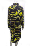Black Yellow Casual Print Patchwork Slit Turndown Collar Tops
